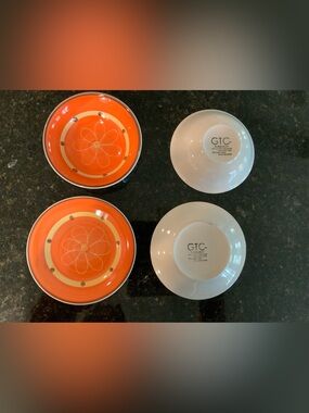 Vintage GTC Sunburst Orange Salad Plates & Soup Bowls - Set of 4 MCM Retro